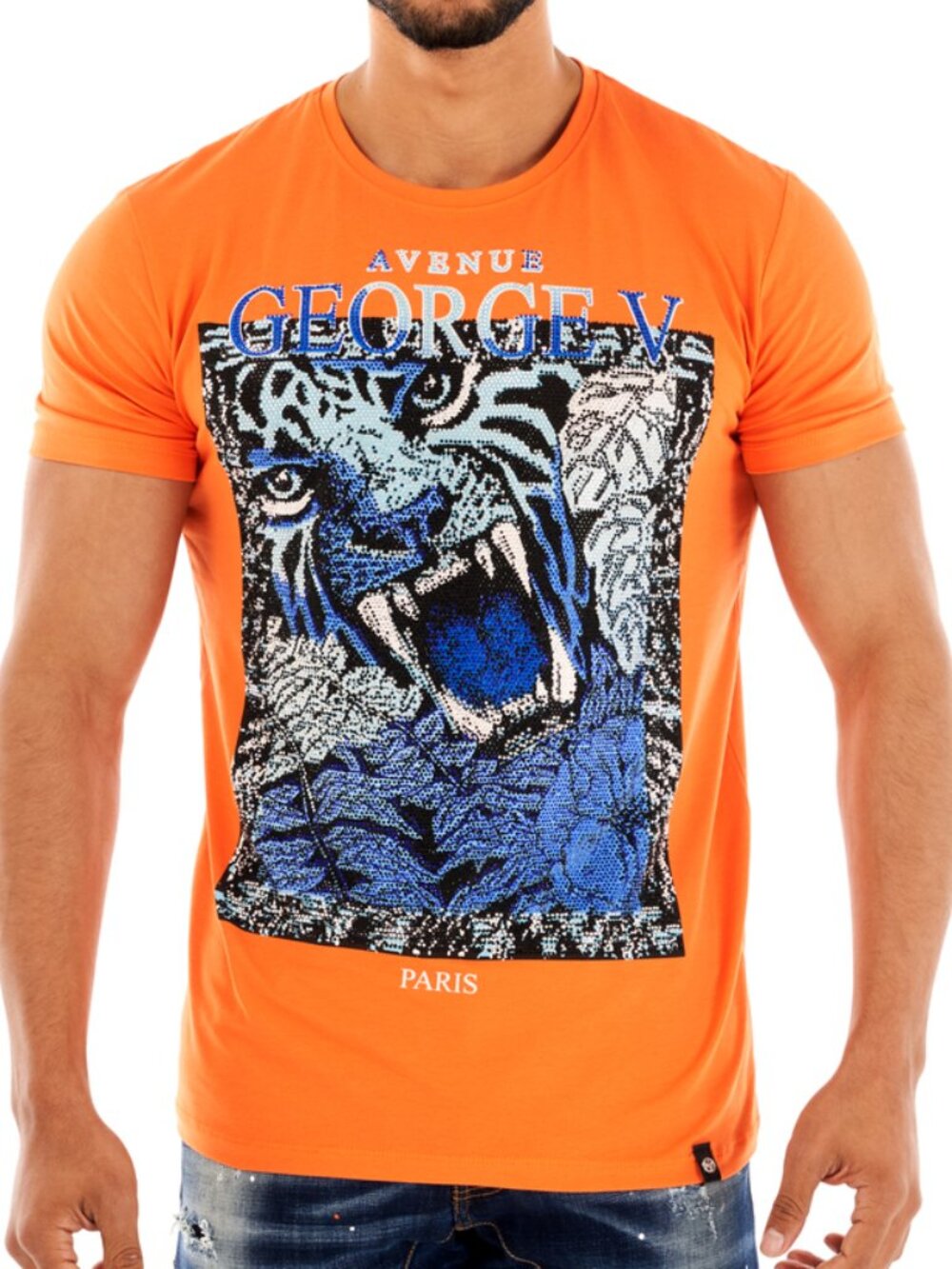 Avenue George V Paris T-shirt Men's ORANGE Short Sleeve tee Rhinestone Lion NWT